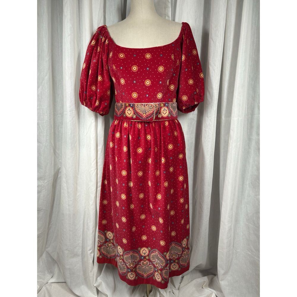 VTG Victor Costa Red Velveteen Midi Party Dress‎ Womens 10 Belted Puff Gold EUC